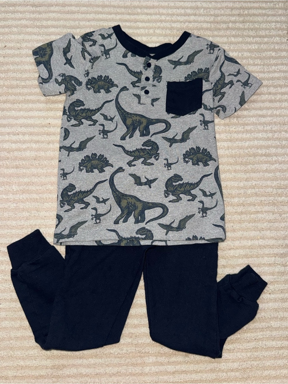 Kids Grey Dinosaur Short-Sleeve Pajama Set with Navy Accents